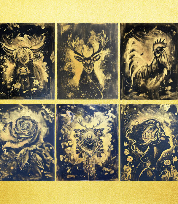 Gold Motive zur Auswahl wie Goldmarie, Kuckuck, Hirsch, Kuh, Gockel und eine Rose